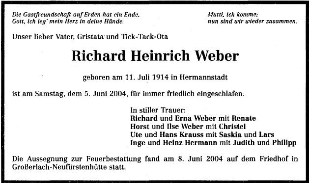 Weber Richard 1914-2004 Todesanzeige